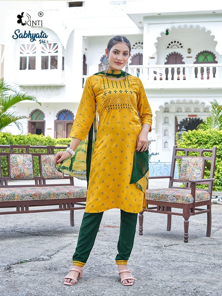 Kinti Sabhyata Vol 3 Heavy Rayon Kurti Pant With Dupatta
